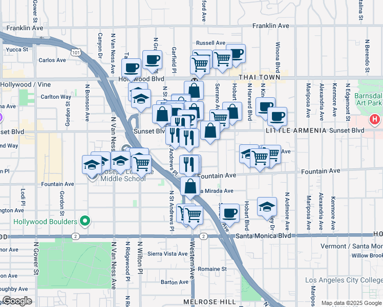 map of restaurants, bars, coffee shops, grocery stores, and more near in Los Angeles