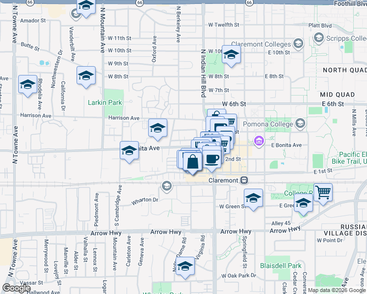 map of restaurants, bars, coffee shops, grocery stores, and more near West Bonita Avenue & Cornell Avenue in Claremont