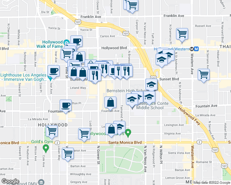 map of restaurants, bars, coffee shops, grocery stores, and more near 1430 Gordon Street in Los Angeles