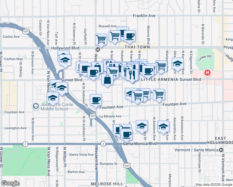 map of restaurants, bars, coffee shops, grocery stores, and more near 1394 1/4 North Serrano Avenue in Los Angeles