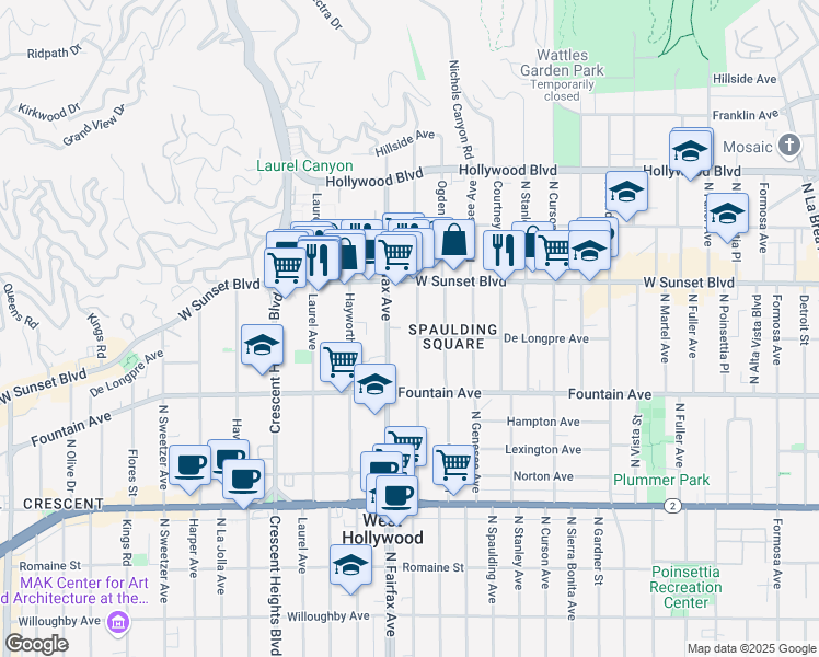 map of restaurants, bars, coffee shops, grocery stores, and more near 1407 North Orange Grove Avenue in West Hollywood