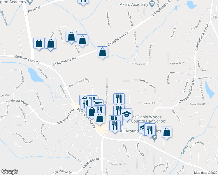 map of restaurants, bars, coffee shops, grocery stores, and more near 4865 Hastings Terrace in Alpharetta