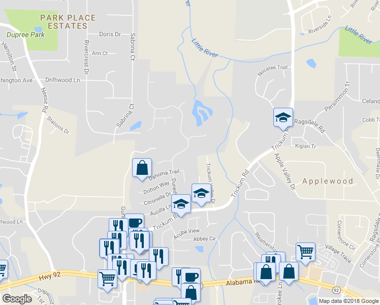 map of restaurants, bars, coffee shops, grocery stores, and more near 1054 Dunedin Trail in Woodstock