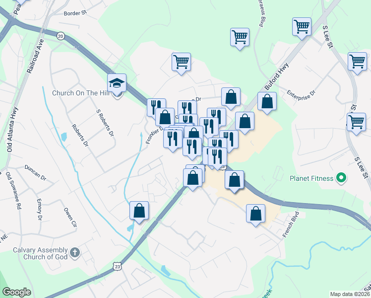map of restaurants, bars, coffee shops, grocery stores, and more near 4450 Highway 20 in Buford