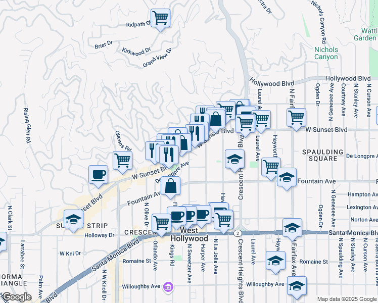map of restaurants, bars, coffee shops, grocery stores, and more near Sunset Blvd & N Sweetzer Ave in West Hollywood
