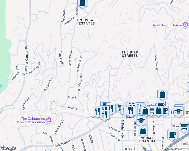 map of restaurants, bars, coffee shops, grocery stores, and more near 9400 Flicker Way in Los Angeles