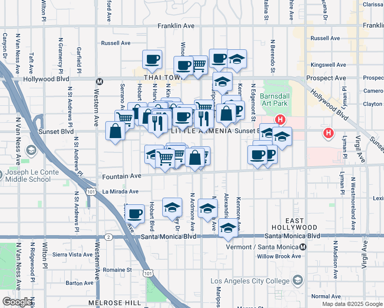 map of restaurants, bars, coffee shops, grocery stores, and more near 5118 De Longpre Avenue in Los Angeles