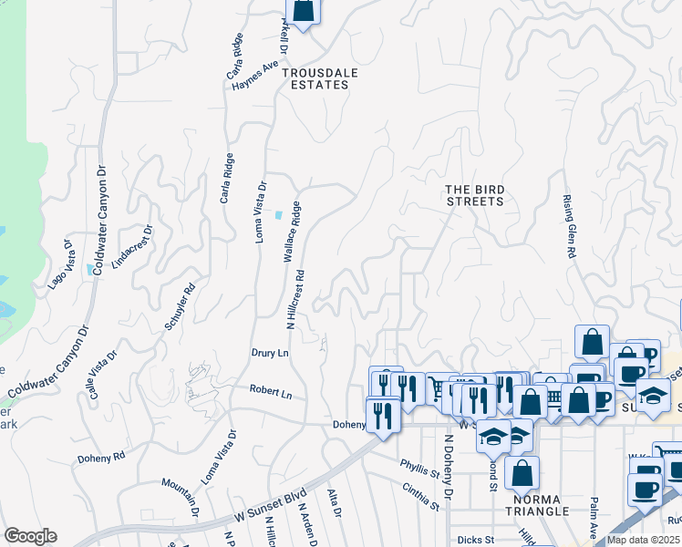 map of restaurants, bars, coffee shops, grocery stores, and more near 9410 Flicker Way in Los Angeles