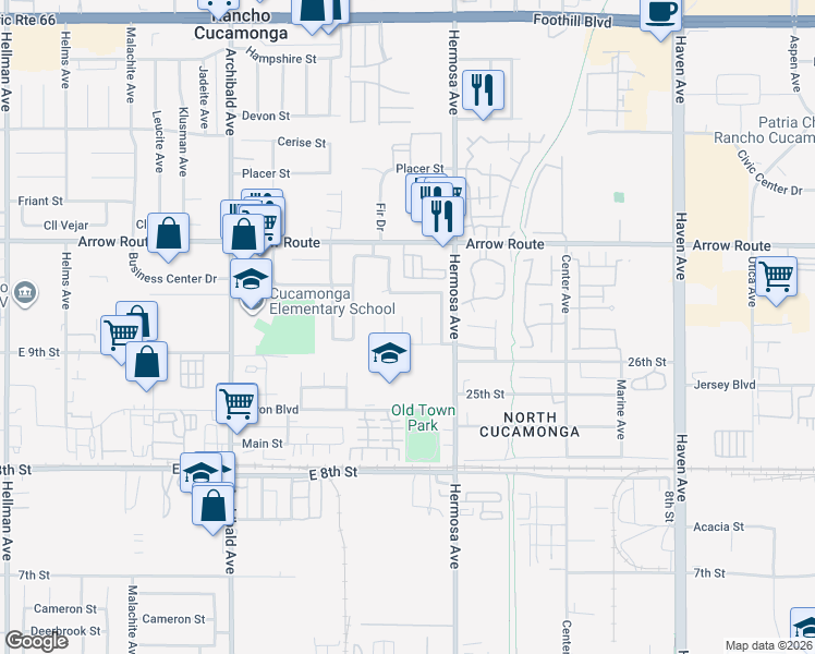 map of restaurants, bars, coffee shops, grocery stores, and more near 8649 Oak Drive in Rancho Cucamonga