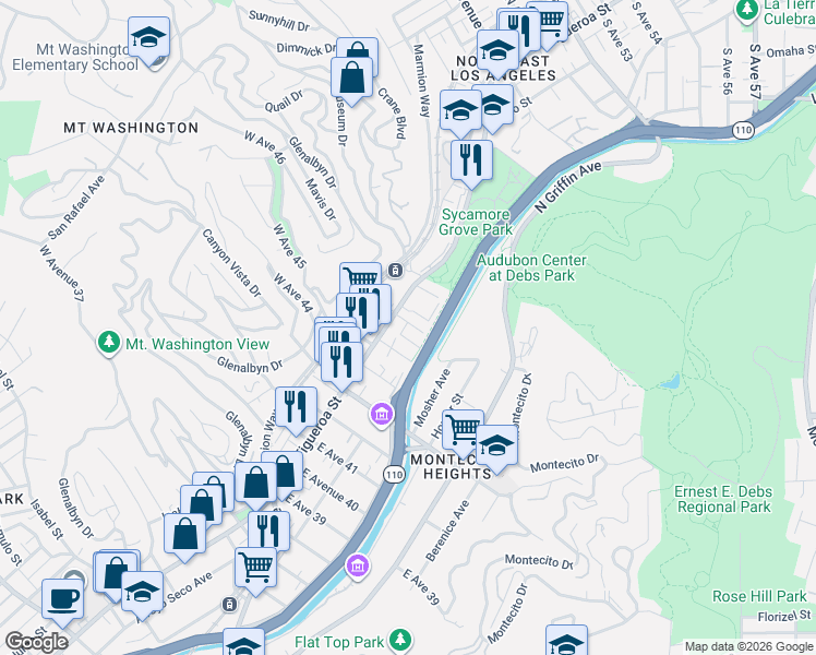 map of restaurants, bars, coffee shops, grocery stores, and more near 116 1/4 Sycamore Park Drive in Los Angeles