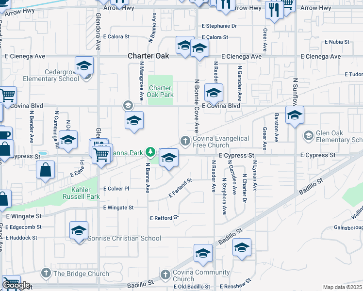 map of restaurants, bars, coffee shops, grocery stores, and more near 1635 Cypress Street in Covina