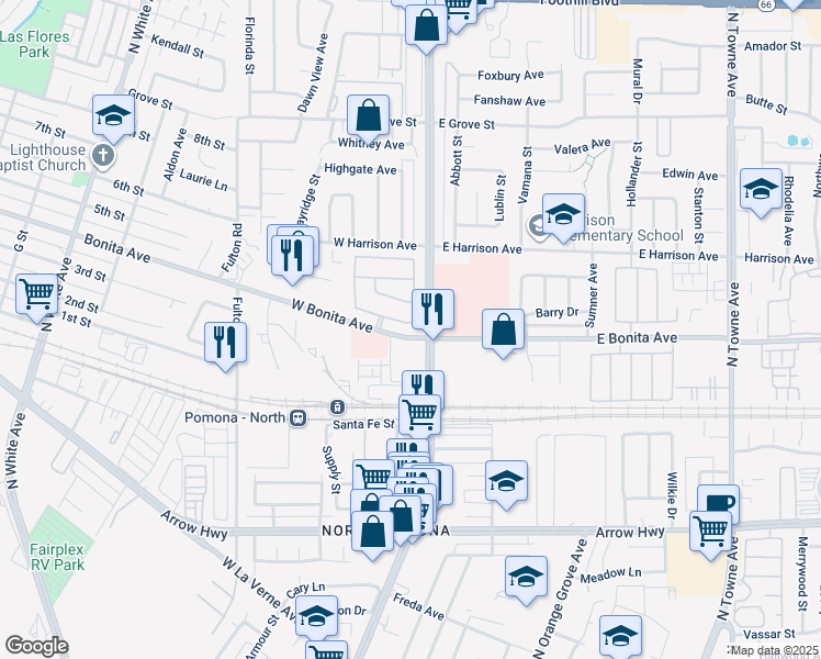 map of restaurants, bars, coffee shops, grocery stores, and more near 106 Fernpine Lane in Pomona