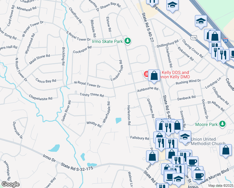 map of restaurants, bars, coffee shops, grocery stores, and more near 104 Oak Hampton Road in Irmo