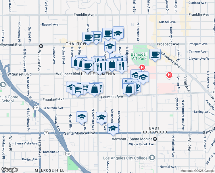 map of restaurants, bars, coffee shops, grocery stores, and more near 1342 North Mariposa Avenue in Los Angeles