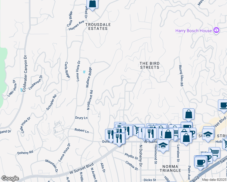 map of restaurants, bars, coffee shops, grocery stores, and more near 9330 Flicker Way in Los Angeles