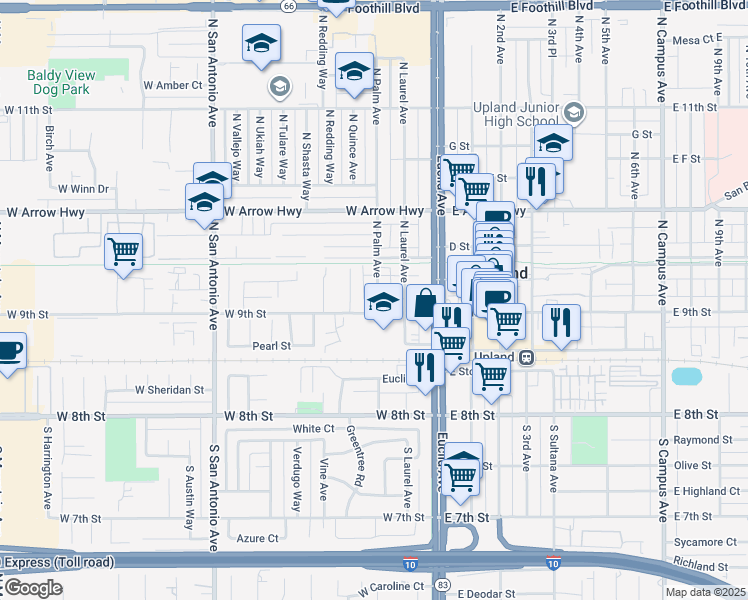 map of restaurants, bars, coffee shops, grocery stores, and more near 215 North Palm Avenue in Upland