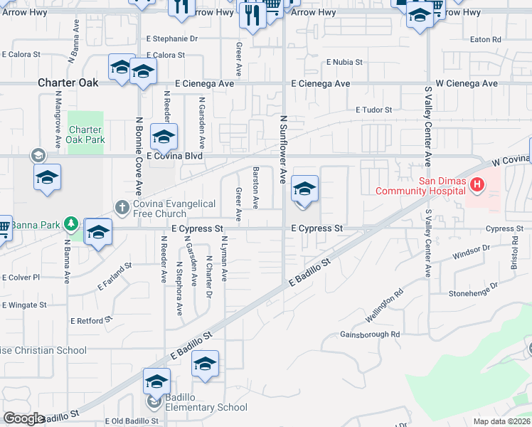 map of restaurants, bars, coffee shops, grocery stores, and more near 2044 East Benwood Street in Covina