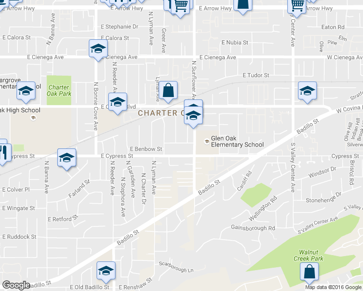 map of restaurants, bars, coffee shops, grocery stores, and more near 2044 East Benwood Street in Covina