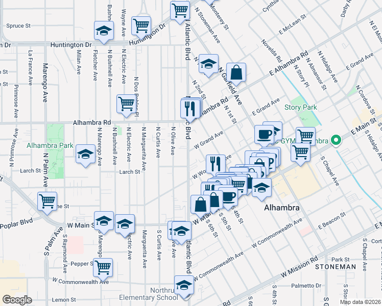 map of restaurants, bars, coffee shops, grocery stores, and more near 342 North Atlantic Boulevard in Alhambra