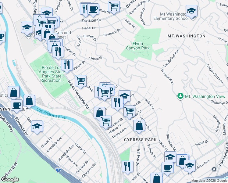 map of restaurants, bars, coffee shops, grocery stores, and more near 3308 Granada St in Los Angeles