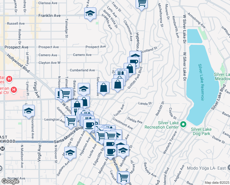 map of restaurants, bars, coffee shops, grocery stores, and more near 3807 Fernwood Avenue in Los Angeles