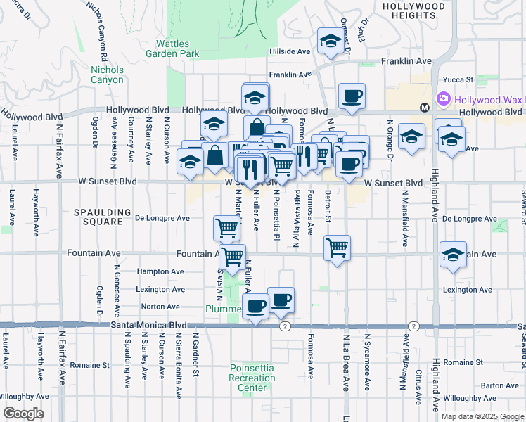 map of restaurants, bars, coffee shops, grocery stores, and more near 1420 North Fuller Avenue in Los Angeles
