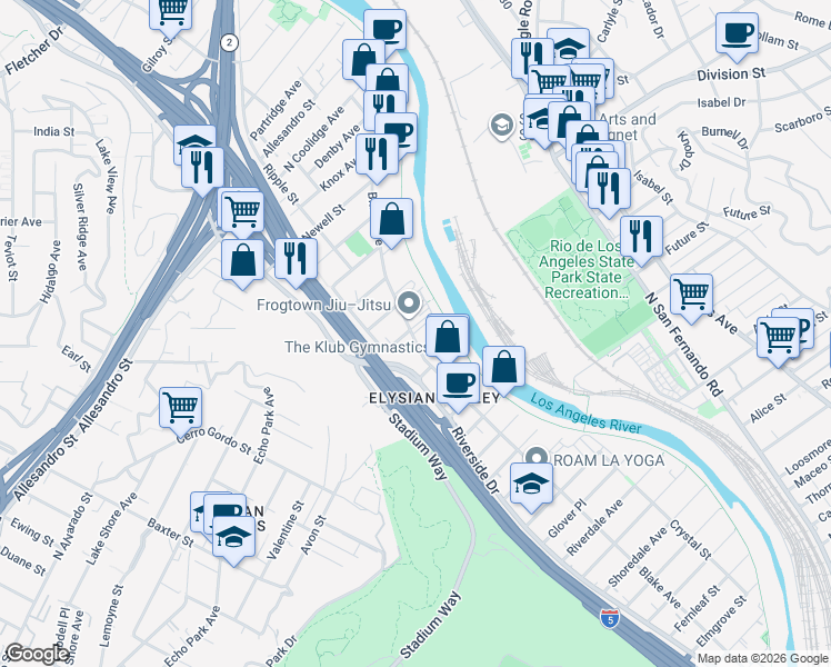 map of restaurants, bars, coffee shops, grocery stores, and more near in Los Angeles