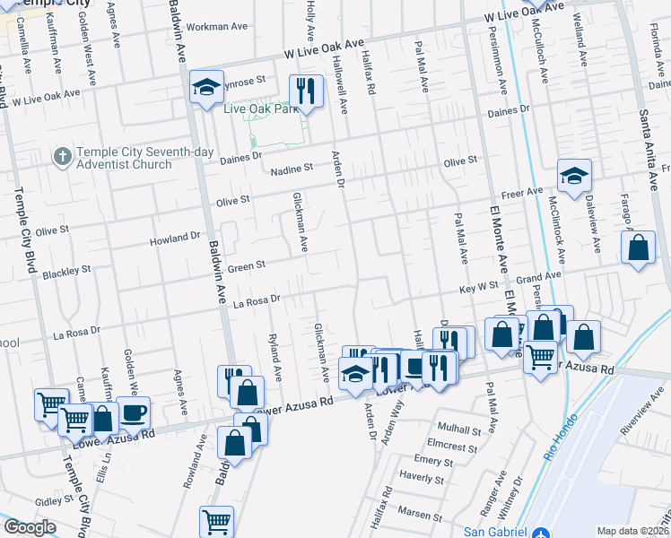 map of restaurants, bars, coffee shops, grocery stores, and more near 10236 Green Street in Temple City