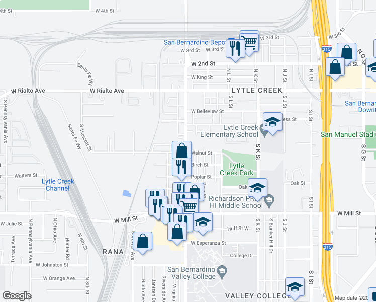 map of restaurants, bars, coffee shops, grocery stores, and more near 289 South Mount Vernon Avenue in San Bernardino