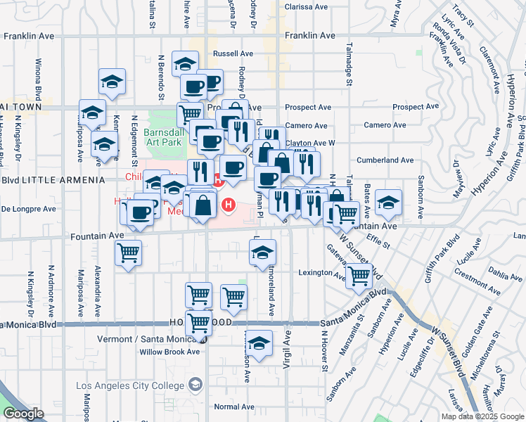 map of restaurants, bars, coffee shops, grocery stores, and more near 1318 Lyman Place in Los Angeles