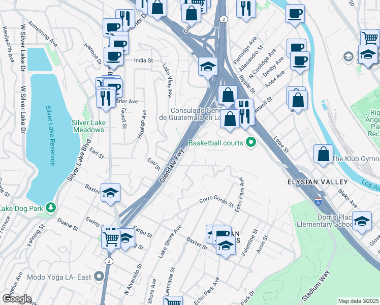 map of restaurants, bars, coffee shops, grocery stores, and more near 2392 Allesandro Street in Los Angeles