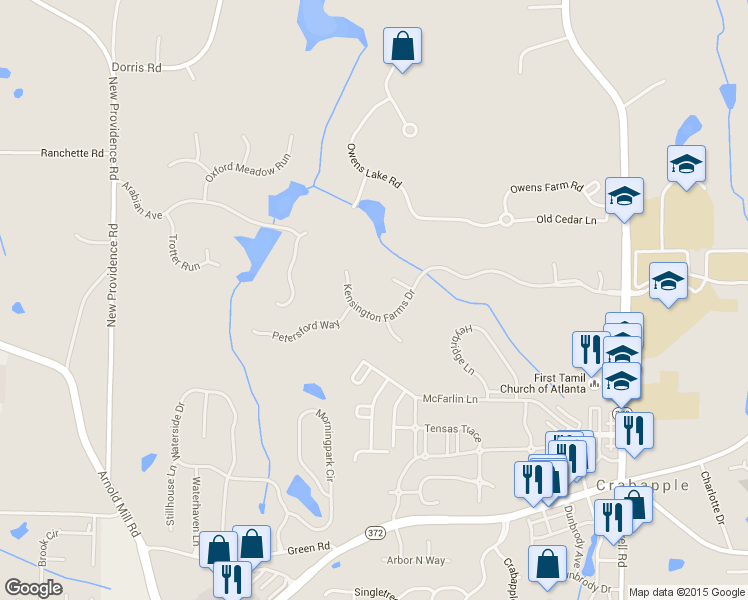 map of restaurants, bars, coffee shops, grocery stores, and more near 480 Kensington Farms Drive in Alpharetta