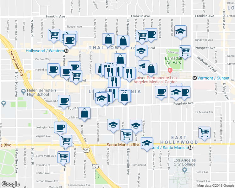 map of restaurants, bars, coffee shops, grocery stores, and more near 5136 De Longpre Avenue in Los Angeles