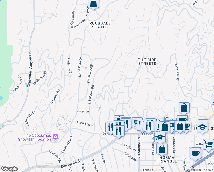 map of restaurants, bars, coffee shops, grocery stores, and more near 9400 Flicker Way in Los Angeles