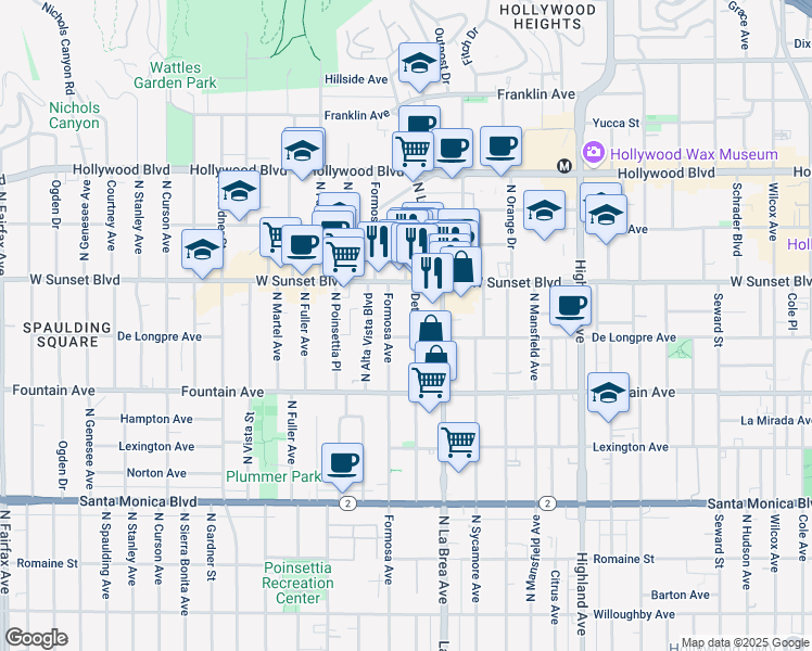 map of restaurants, bars, coffee shops, grocery stores, and more near 1411 North Detroit Street in Los Angeles