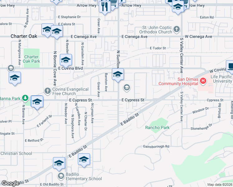 map of restaurants, bars, coffee shops, grocery stores, and more near 935 North Sunflower Avenue in Covina