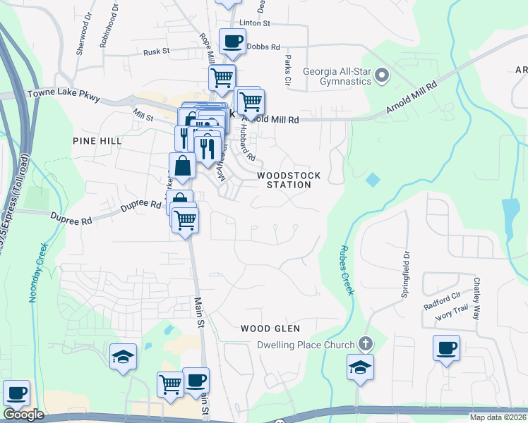 map of restaurants, bars, coffee shops, grocery stores, and more near 171 Bentley Parkway in Woodstock