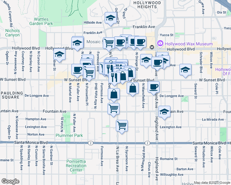 map of restaurants, bars, coffee shops, grocery stores, and more near 1415 North La Brea Avenue in Los Angeles