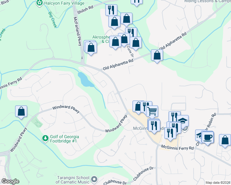 map of restaurants, bars, coffee shops, grocery stores, and more near 13045 Dartmore Avenue in Alpharetta