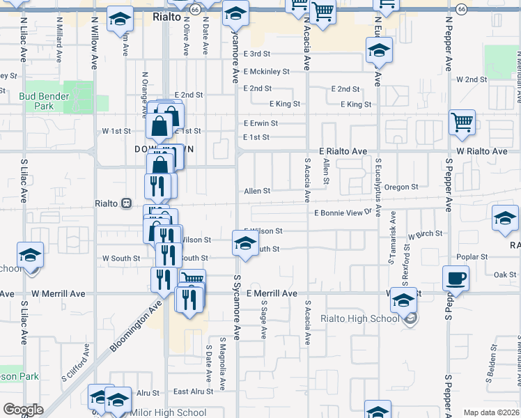 map of restaurants, bars, coffee shops, grocery stores, and more near 362 East Bonnie View Drive in Rialto