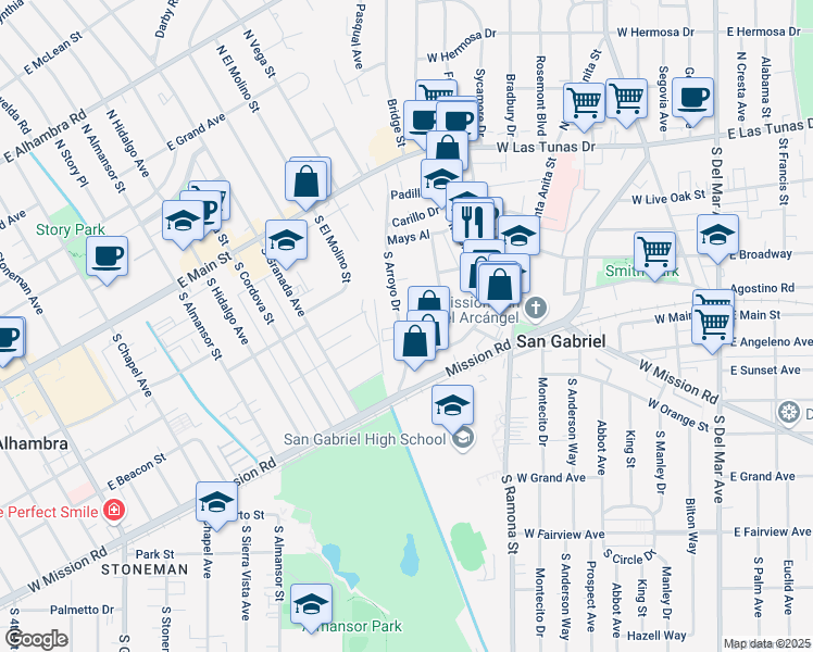 map of restaurants, bars, coffee shops, grocery stores, and more near 338 South Arroyo Drive in San Gabriel