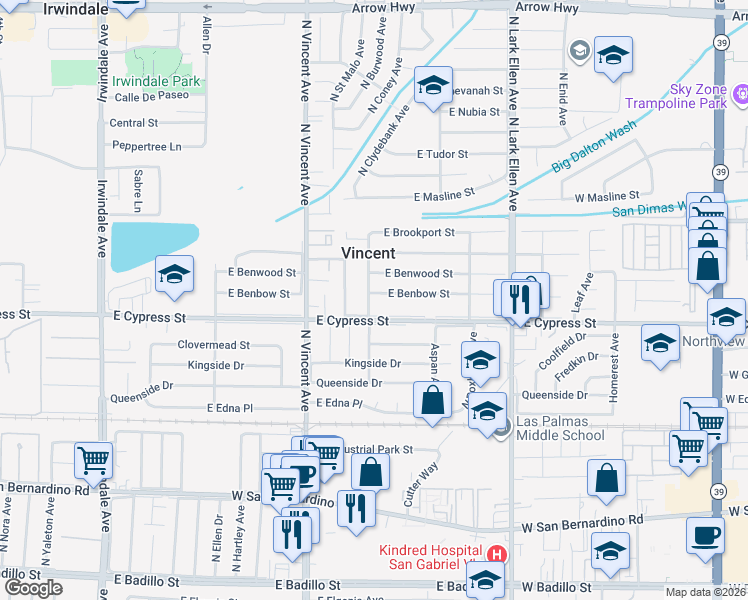 map of restaurants, bars, coffee shops, grocery stores, and more near 4620 Coney Ave in Covina