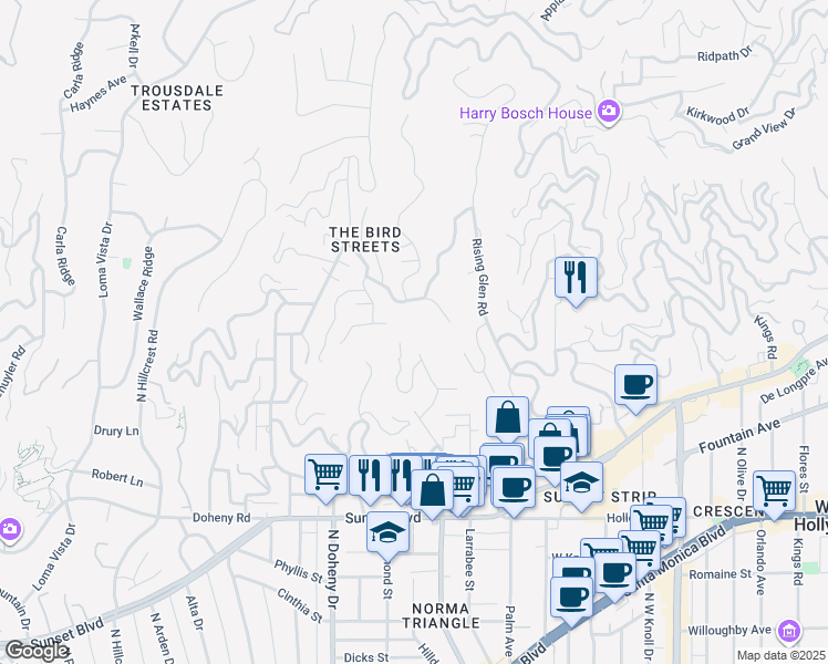 map of restaurants, bars, coffee shops, grocery stores, and more near 9046 Oriole Way in Los Angeles