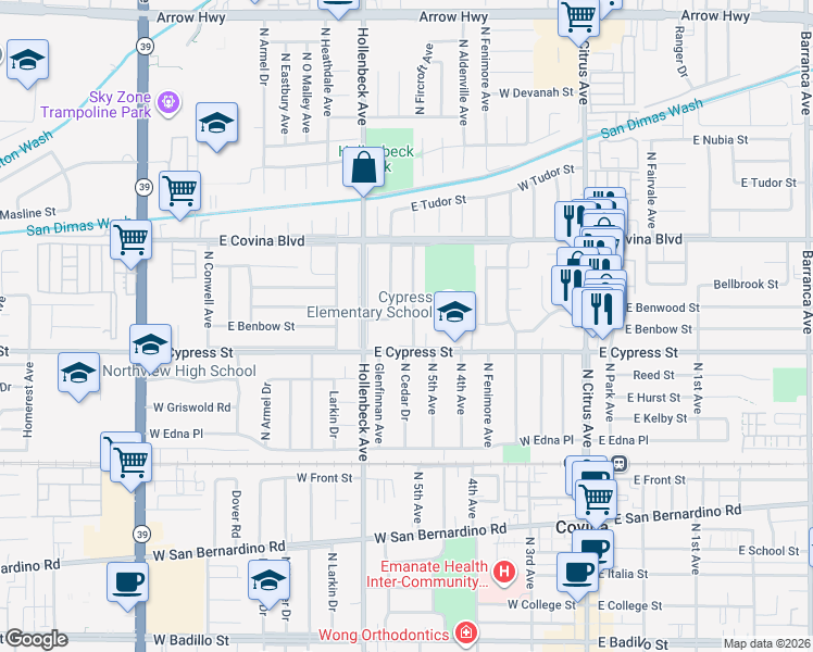 map of restaurants, bars, coffee shops, grocery stores, and more near 4625 North Fircroft Avenue in Covina