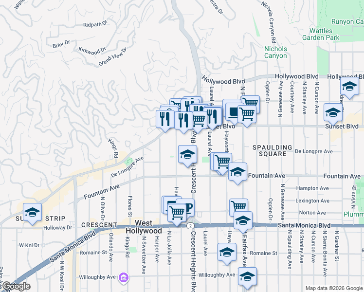 map of restaurants, bars, coffee shops, grocery stores, and more near 1416 Havenhurst Drive in West Hollywood