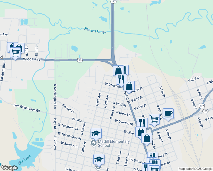 map of restaurants, bars, coffee shops, grocery stores, and more near 707 West Donehoo in Madill