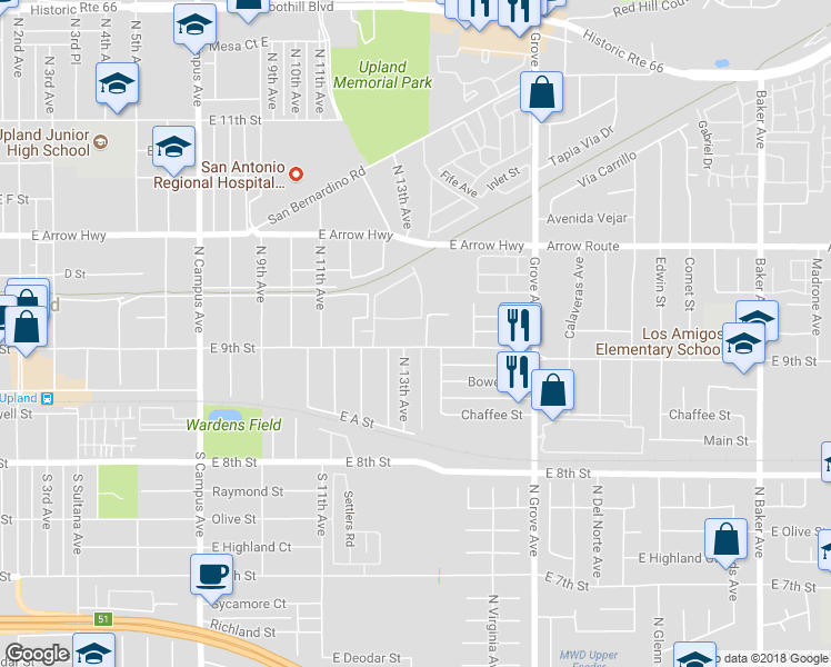 map of restaurants, bars, coffee shops, grocery stores, and more near 1315 East 9th Street in Upland