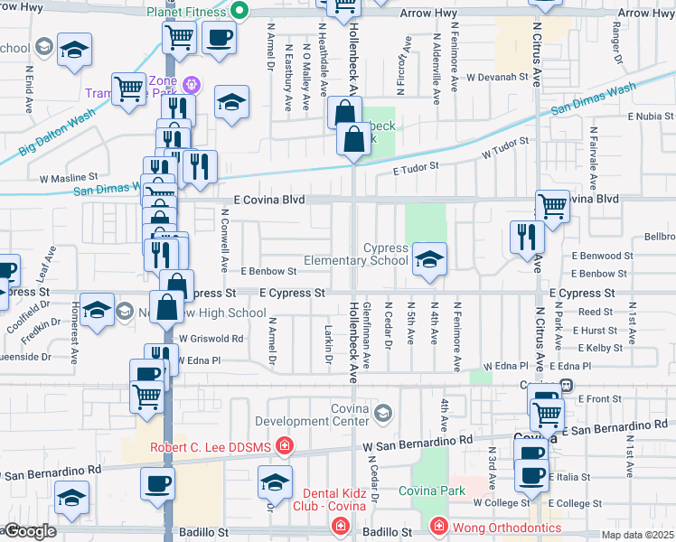 map of restaurants, bars, coffee shops, grocery stores, and more near 4626 Larkin Drive in Covina
