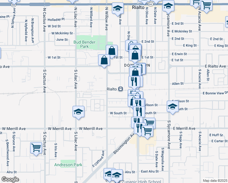 map of restaurants, bars, coffee shops, grocery stores, and more near 286 South Riverside Avenue in Rialto