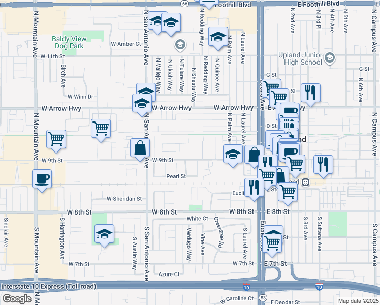 map of restaurants, bars, coffee shops, grocery stores, and more near 435 West 9th Street in Upland
